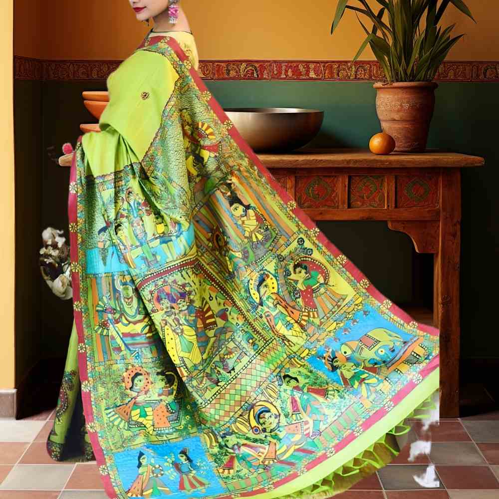 Tussar Saree with Madhubani Bride, Doli, and Kaahar Painting